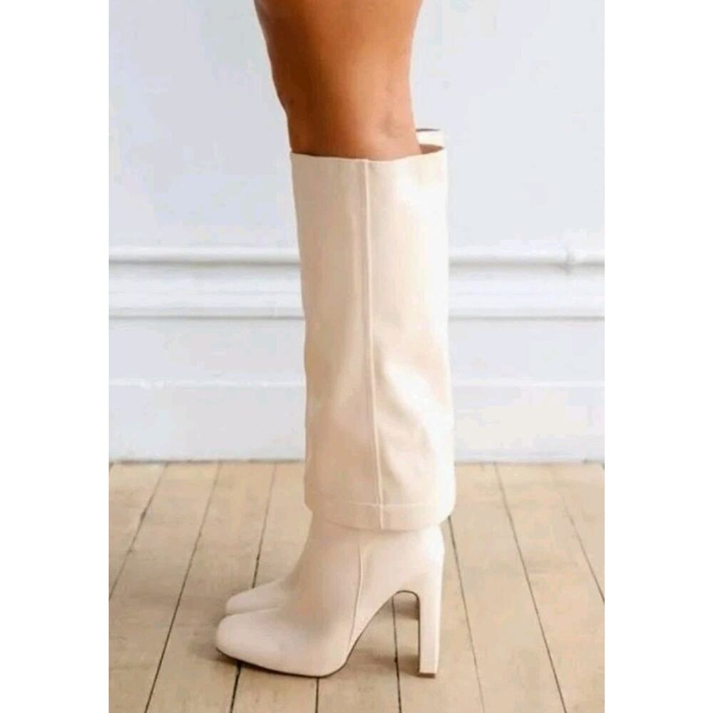 Lulu's Lorlia Women's Almond Square Toe Knee High Fold Over Boots Size 8 Beige - Picture 3 of 9